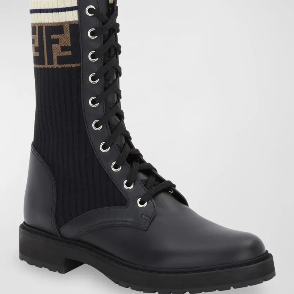 Fendi Leather Combat Boot with FF Cuff Size 36 (US 6)